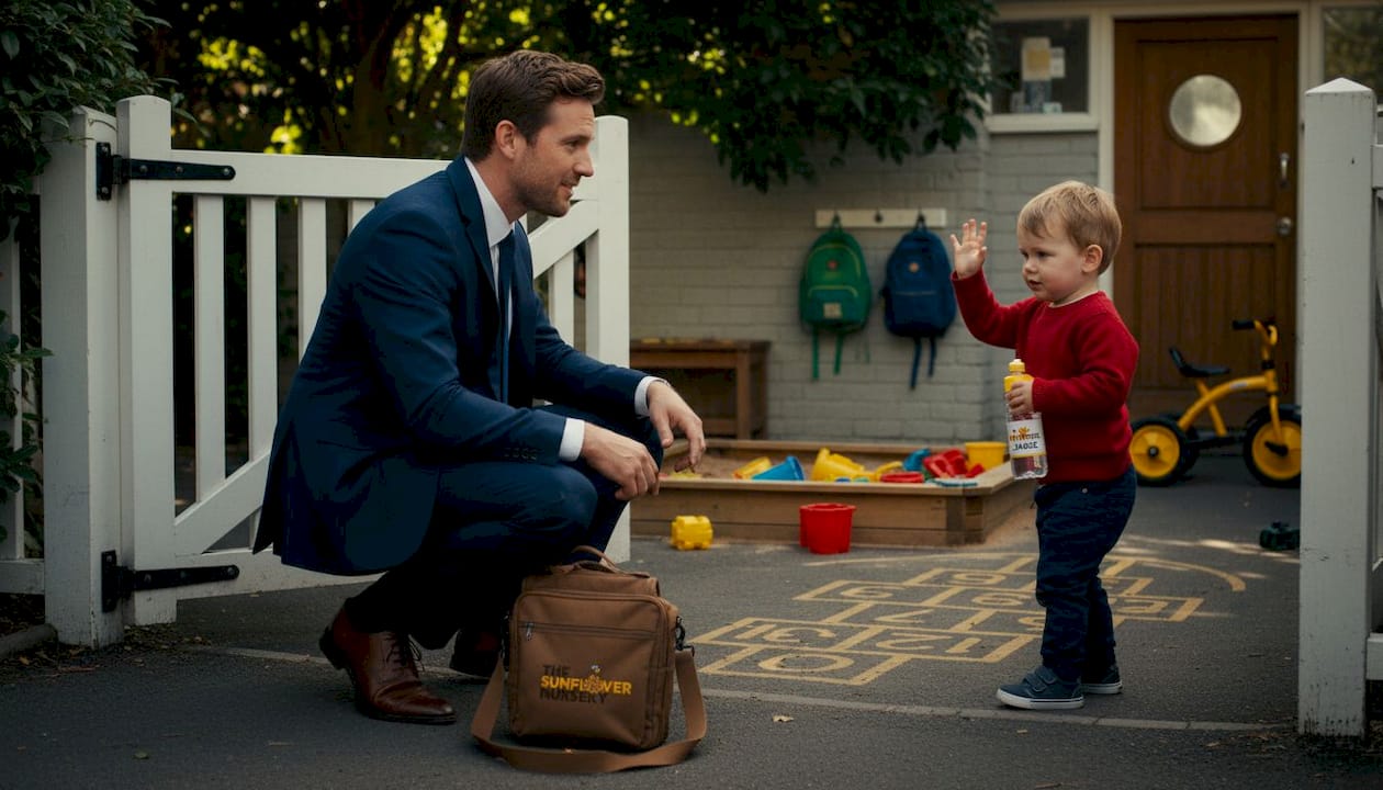 Child waves goodbye outside nursery gate