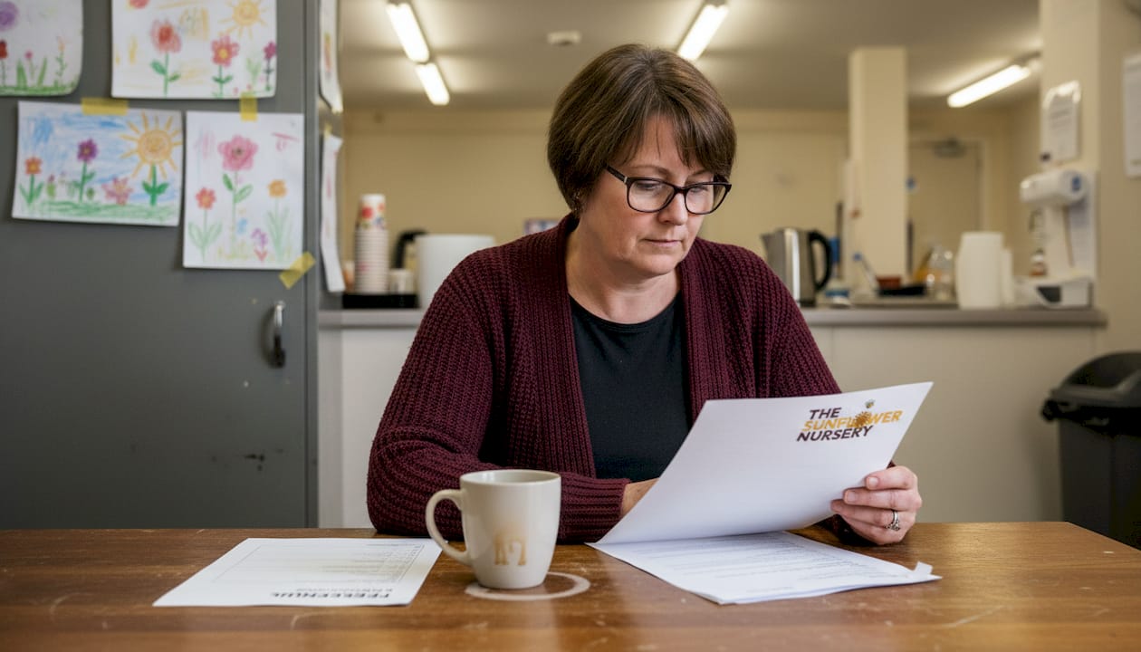 Nursery manager checking fee documents