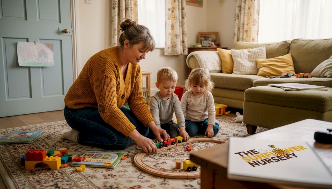 Childminder playing with children at home