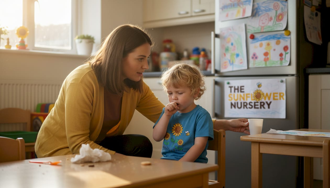 Childcare staff assists coughing child
