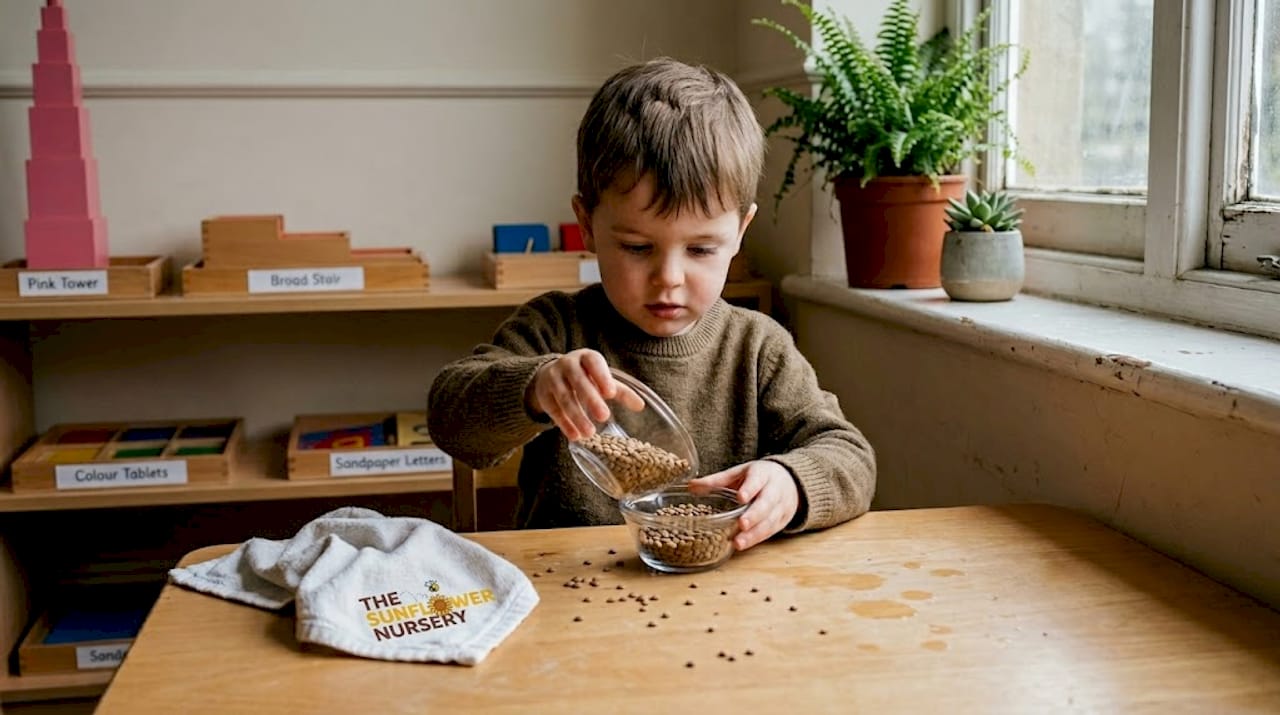 Montessori child working at activity table