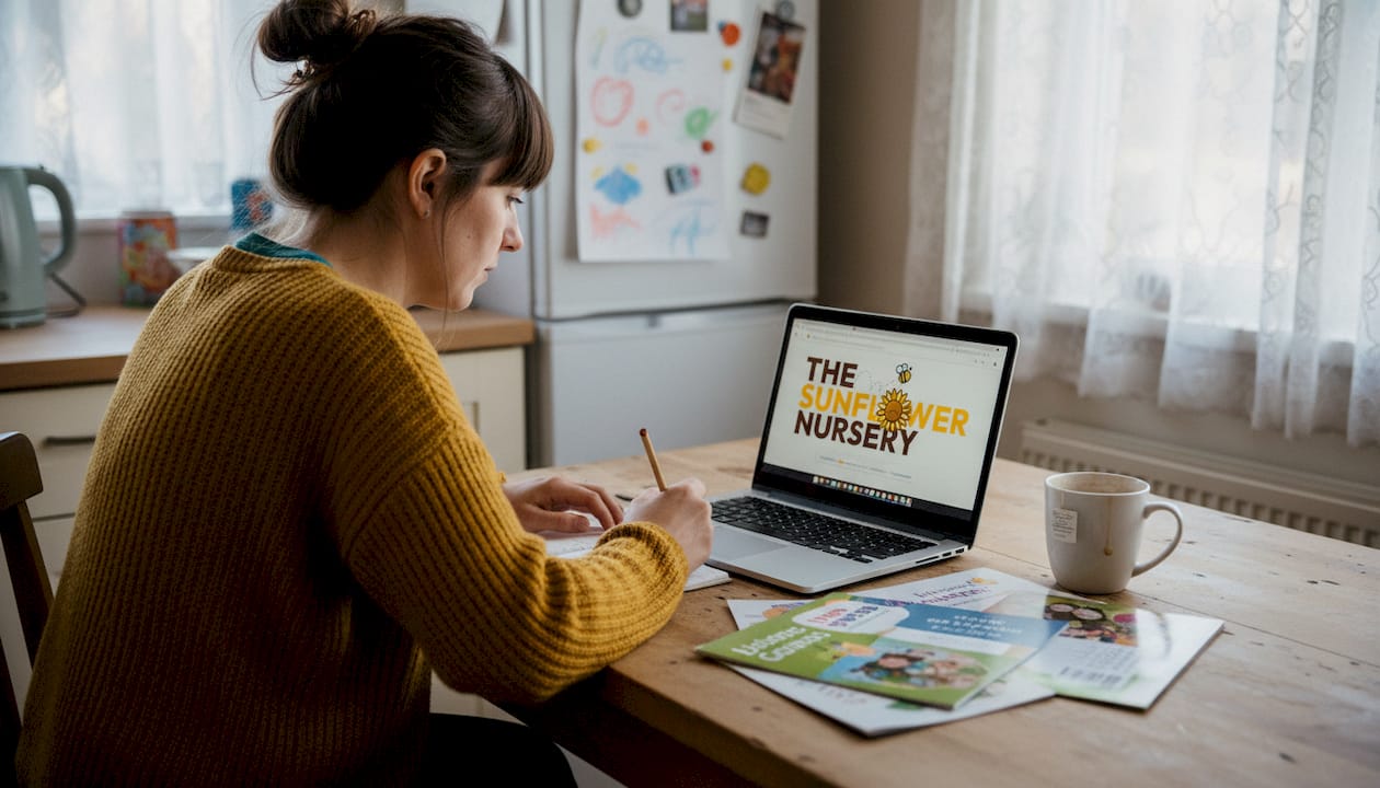 Mother researching nurseries at kitchen table