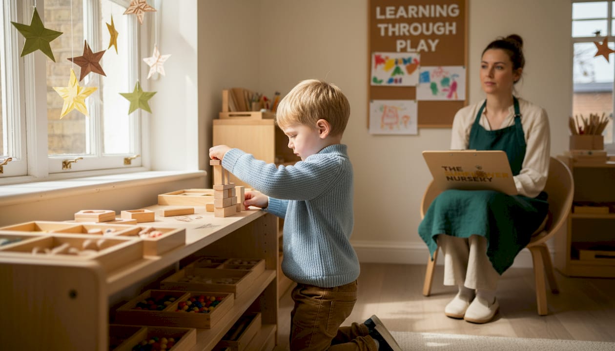 Child building blocks in Montessori nursery
