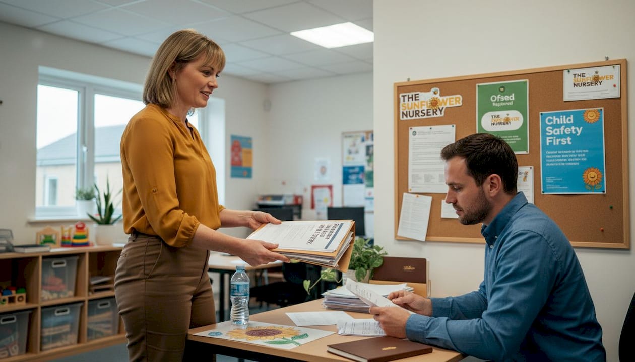 Nursery manager giving parent qualification folder
