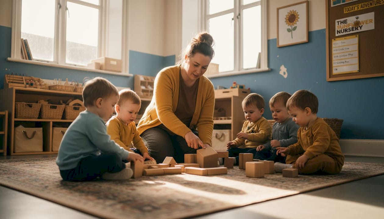 Educator guiding toddlers with blocks in classroom
