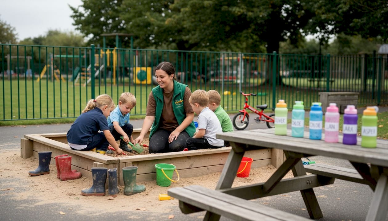 Children playing in school nursery playground