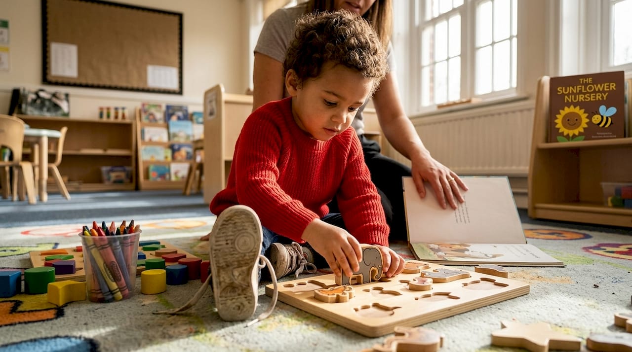Preschooler sorting puzzle shapes on rug
