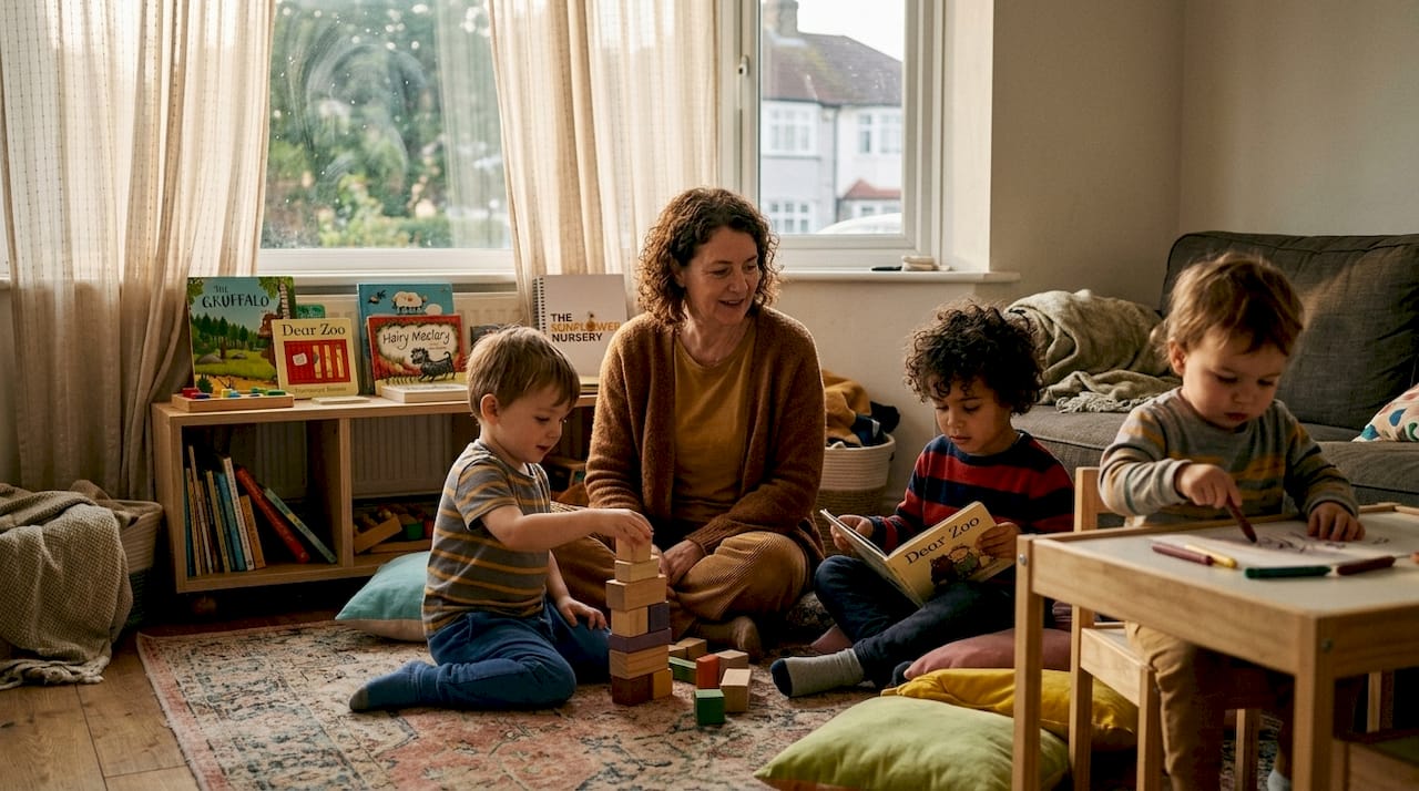 Childminder supervises children in home playroom