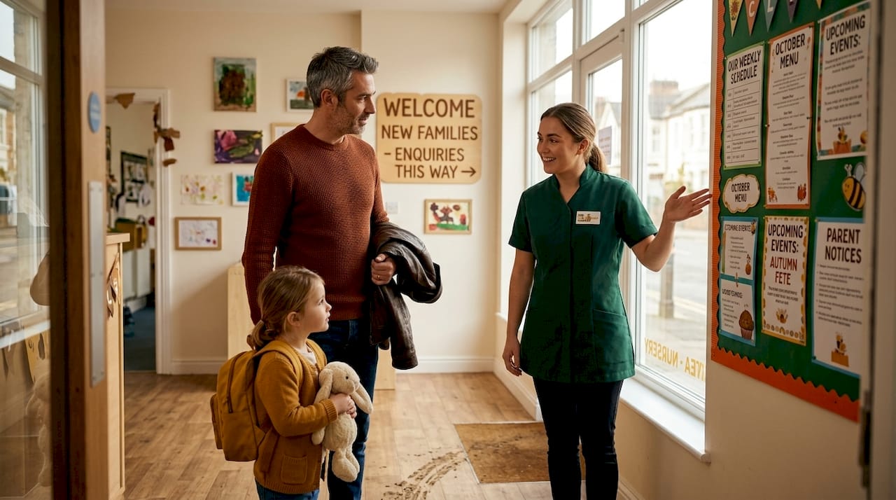 Parent and child meet nursery staff in entrance