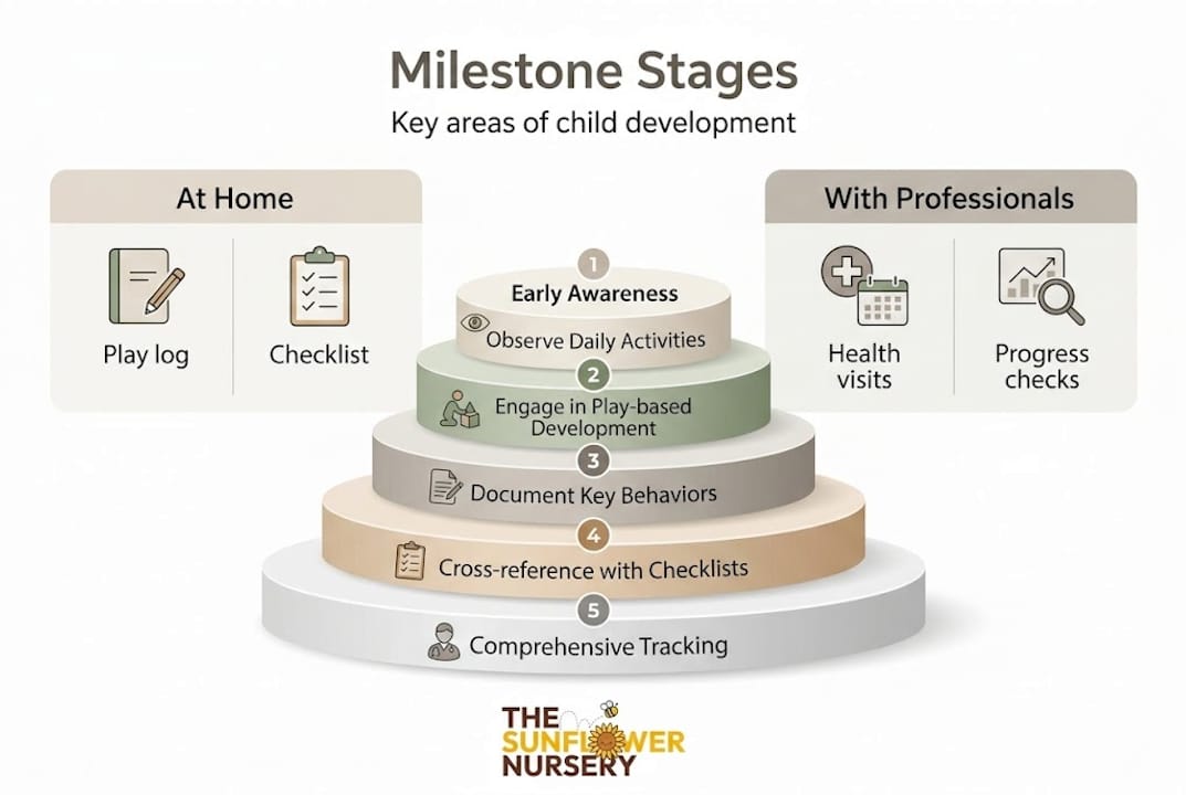 Infographic of child milestone stages and tracking methods