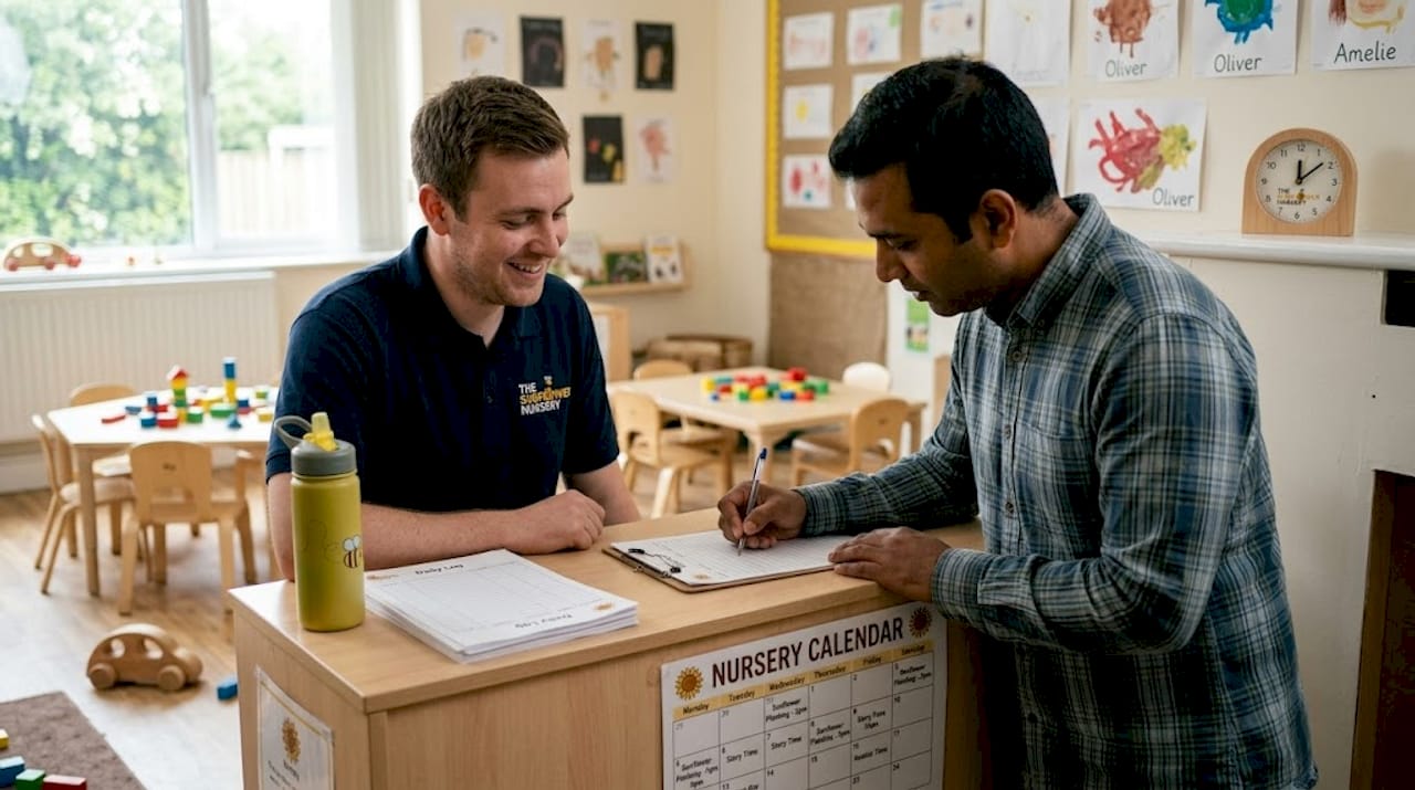 Nursery staff talking with parent at counter