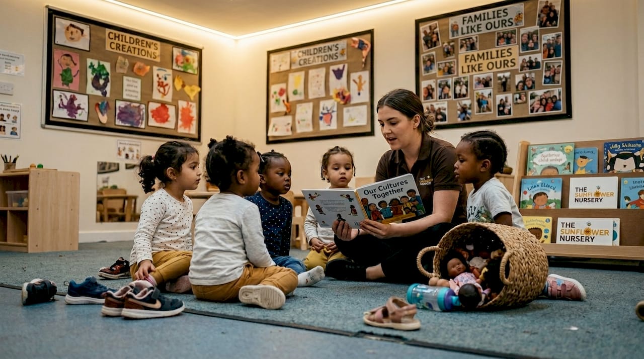 Nursery teacher reading to diverse group