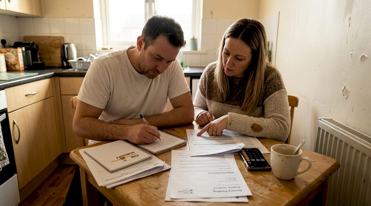 Parents discuss nursery funding in kitchen