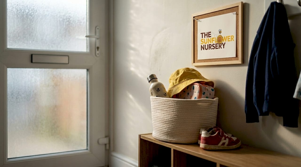 Basket with child care essentials in hallway