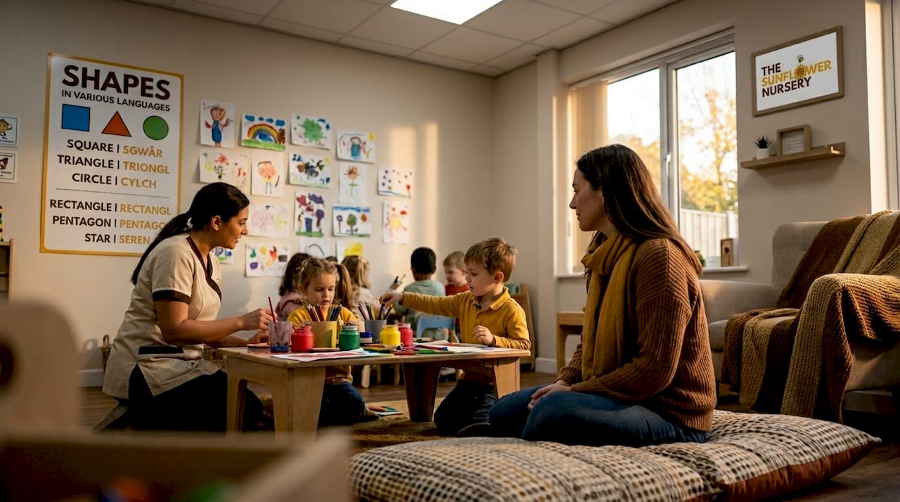 Parent quietly observes child in nursery classroom