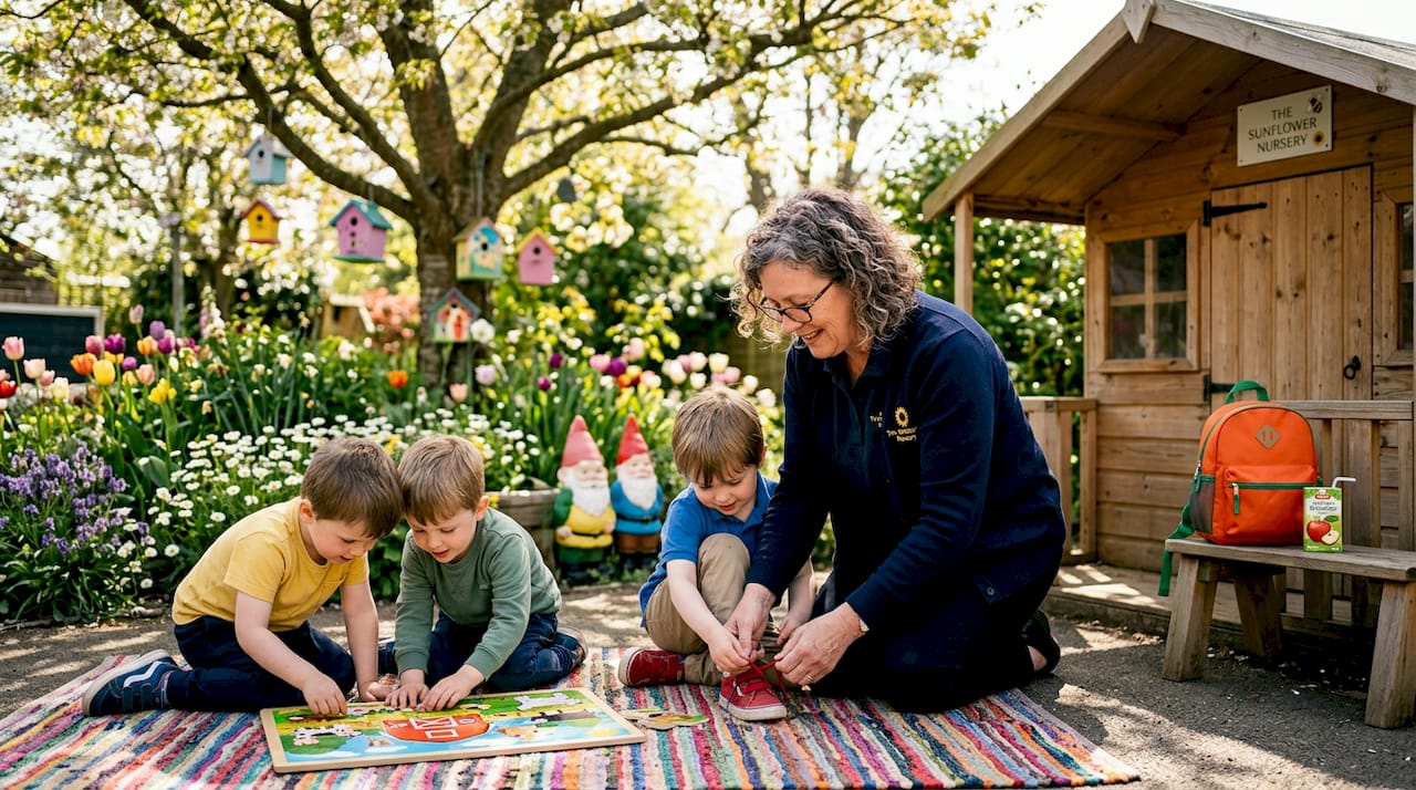 Preschool teacher helping children in classroom