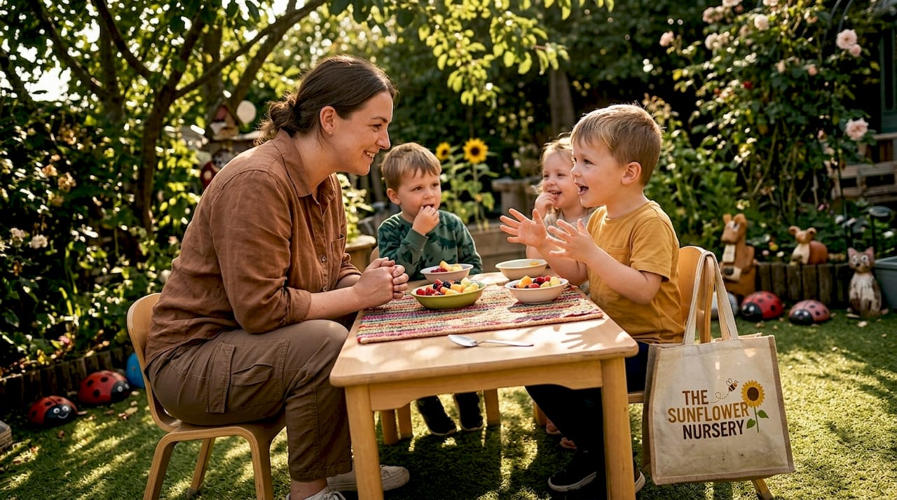 Educator guiding relaxed child mealtime