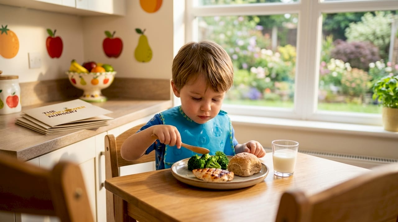 Preschooler eating nutritious meal in childcare