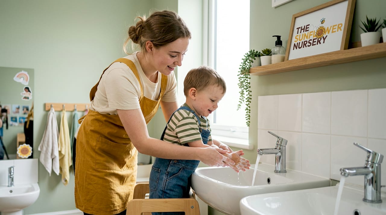Educator helping toddler wash hands during care routine