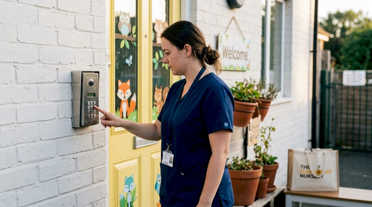 Staff using nursery secure entrance keypad