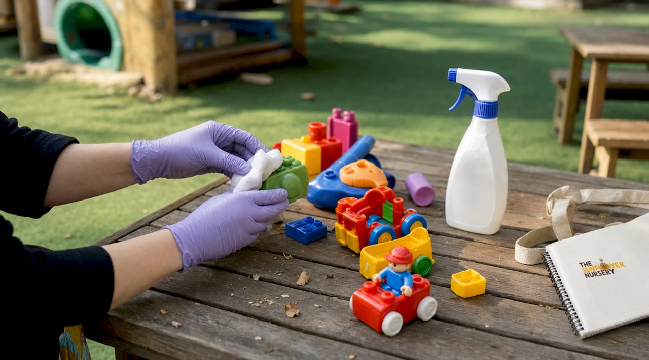 Hands sanitizing toys in childcare setting