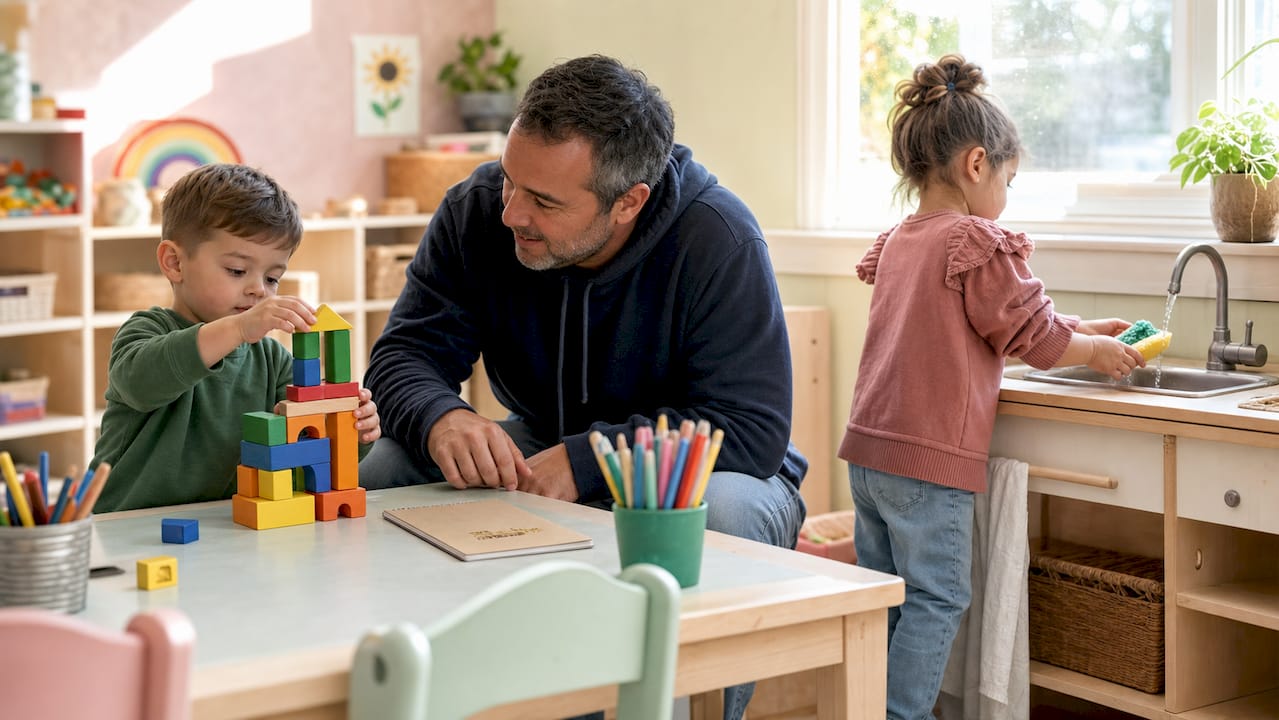 Childminder guiding children with daily tasks