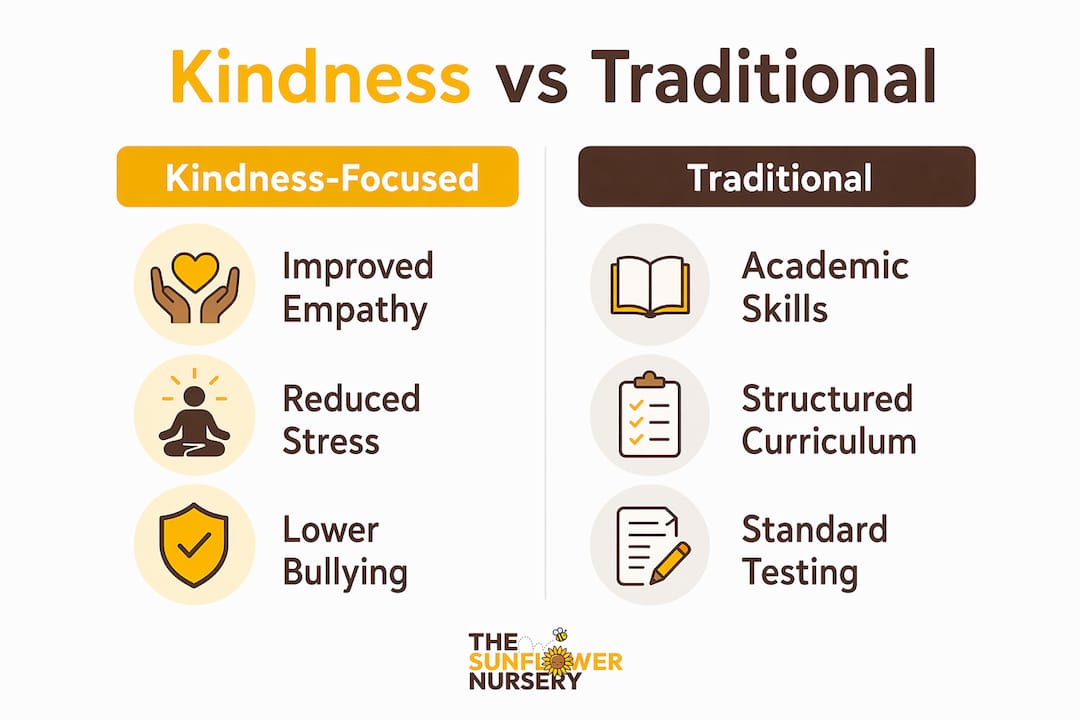 Infographic comparing kindness and traditional nursery approaches