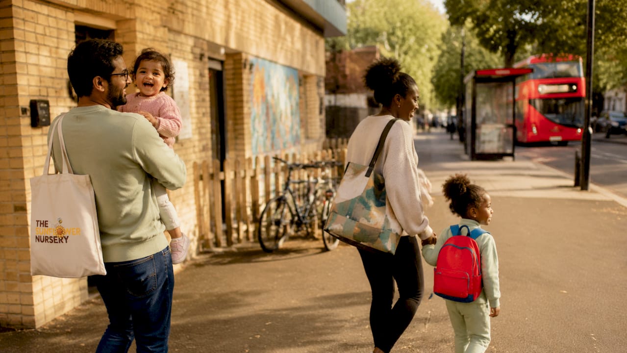 Families arriving at Ilford nursery on sunny morning