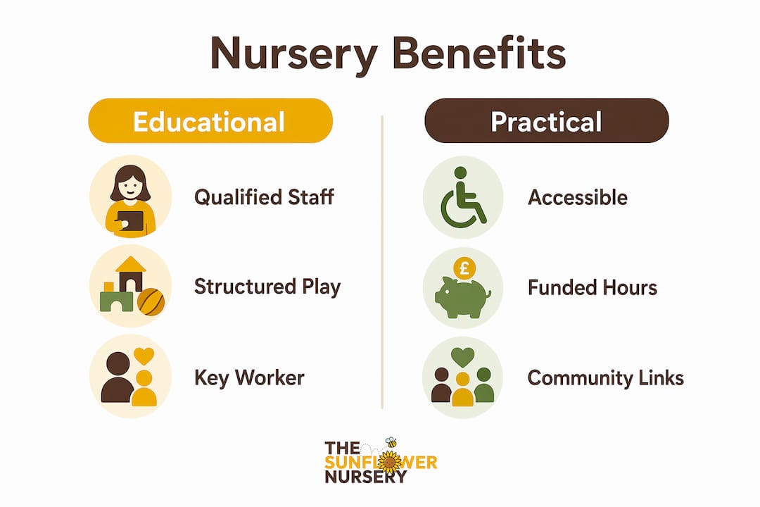Infographic comparing educational and practical nursery benefits
