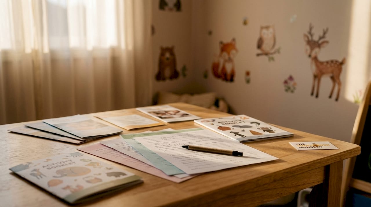 Nursery welcome pack materials spread on desk