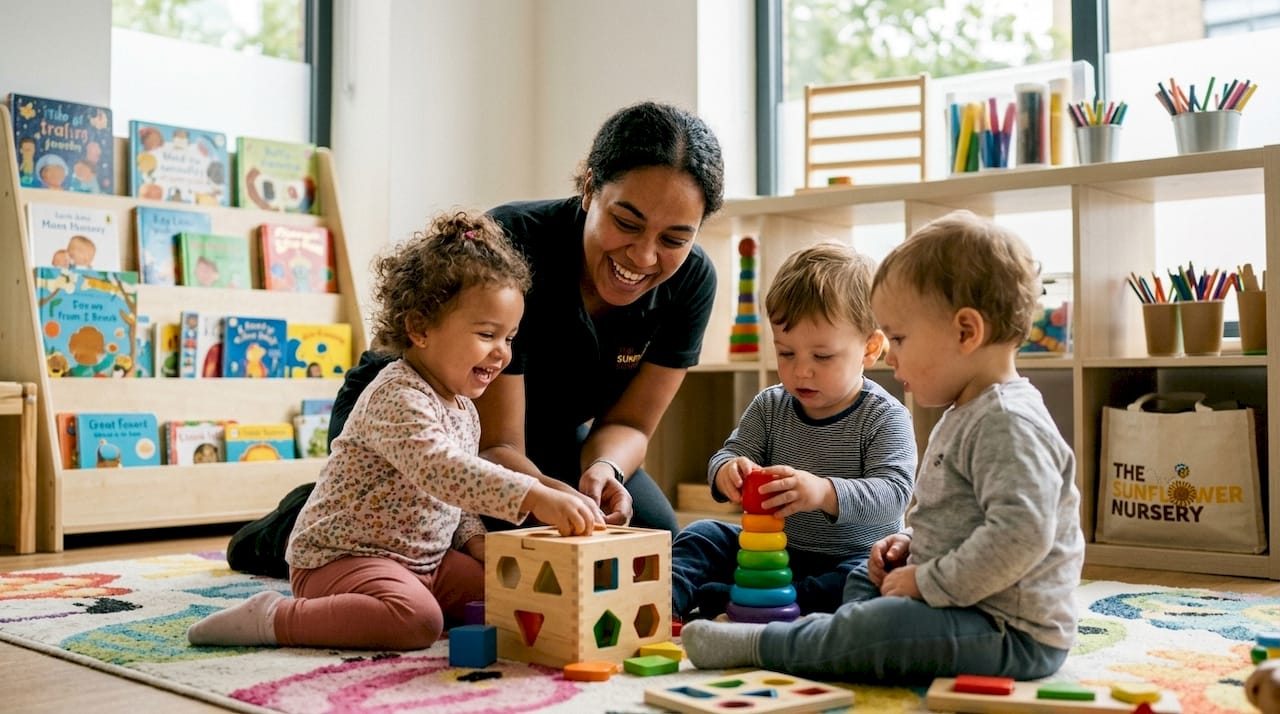 Childcare worker engaging with toddlers in nursery