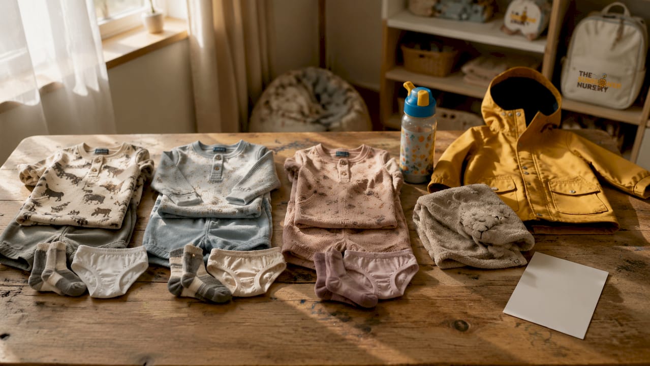 Flat lay of nursery packing checklist items