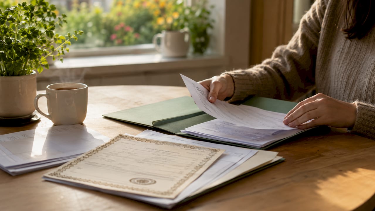 Hands organizing child care eligibility documents on desk