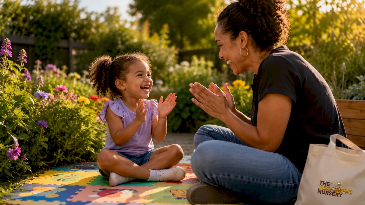 Mother and daughter playing rhythm clapping game