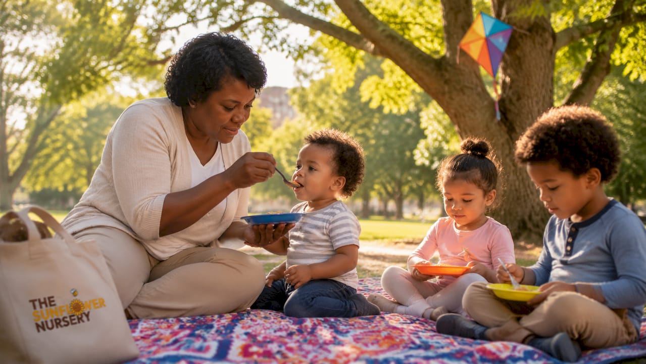 Caregiver helping toddler during snack time at home