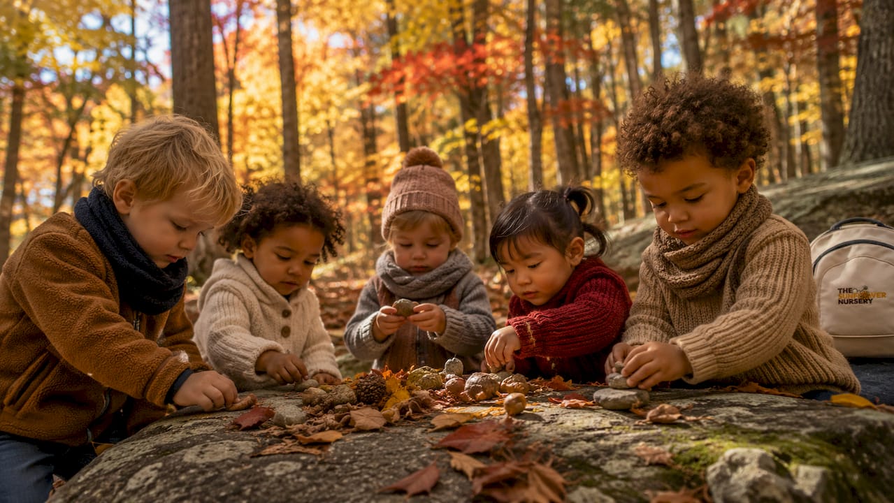 Toddlers exploring autumn sensory play outdoors