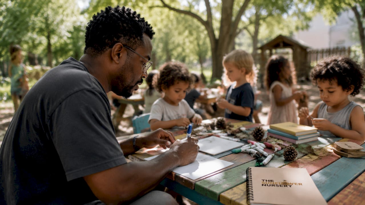 Nursery educator preparing multilingual flashcards