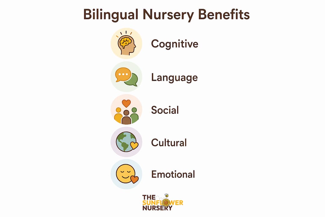 Infographic depicting stages of bilingual nursery benefits