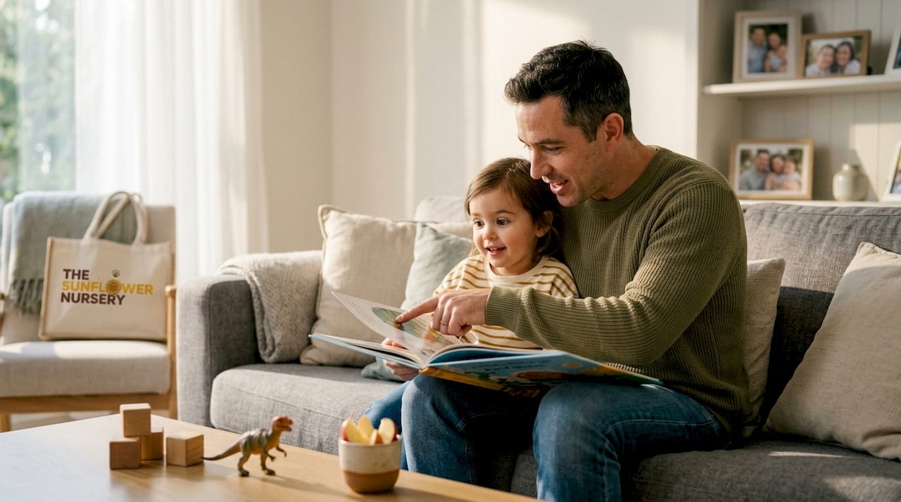 Father reading with daughter at kitchen table