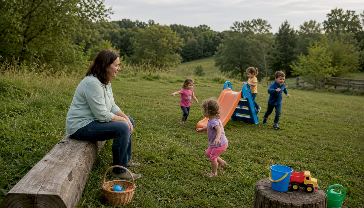 Childcare worker supervising outdoor preschool play