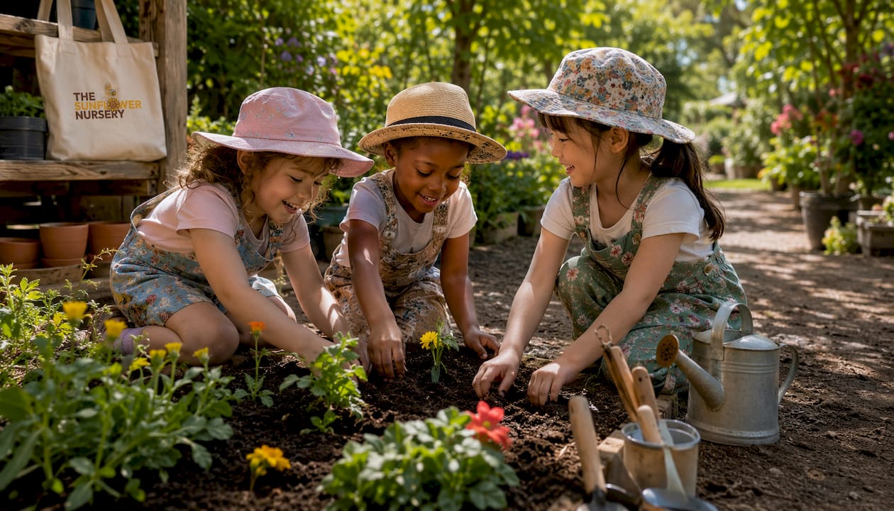 Children planting vegetables in raised beds