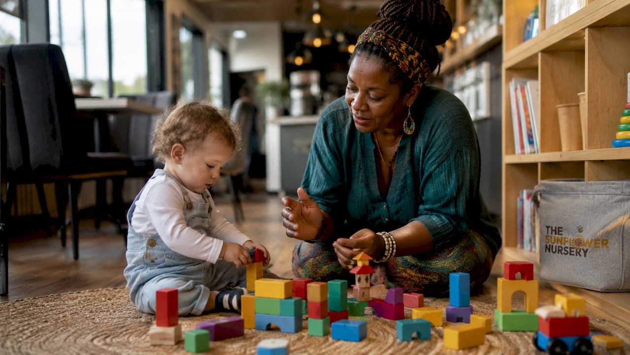 Childminder supporting child’s play and routines