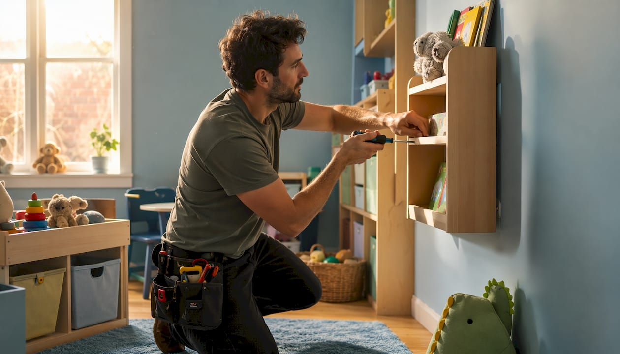 Childcare worker securing furniture in nursery room