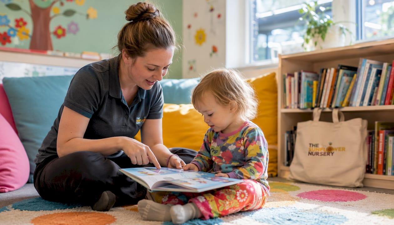 Nursery worker helping toddler with play activity