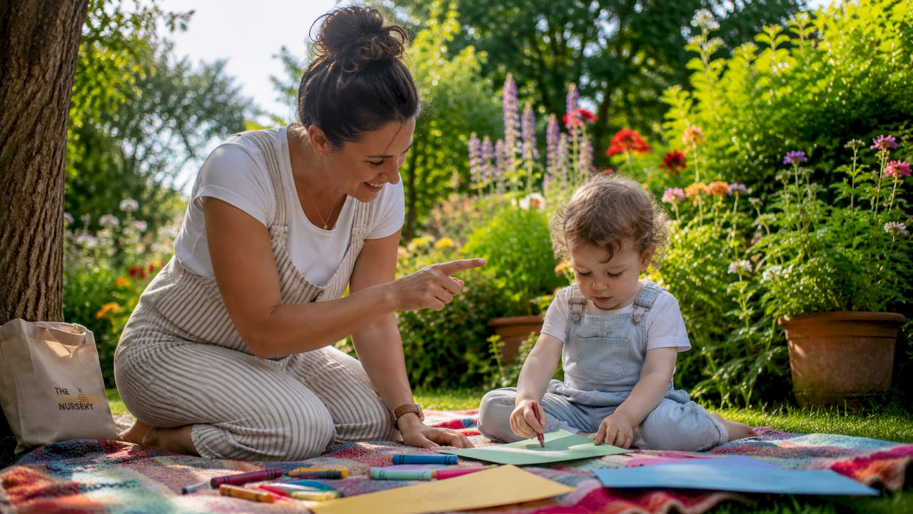 Practitioner engaging toddler with craft activity