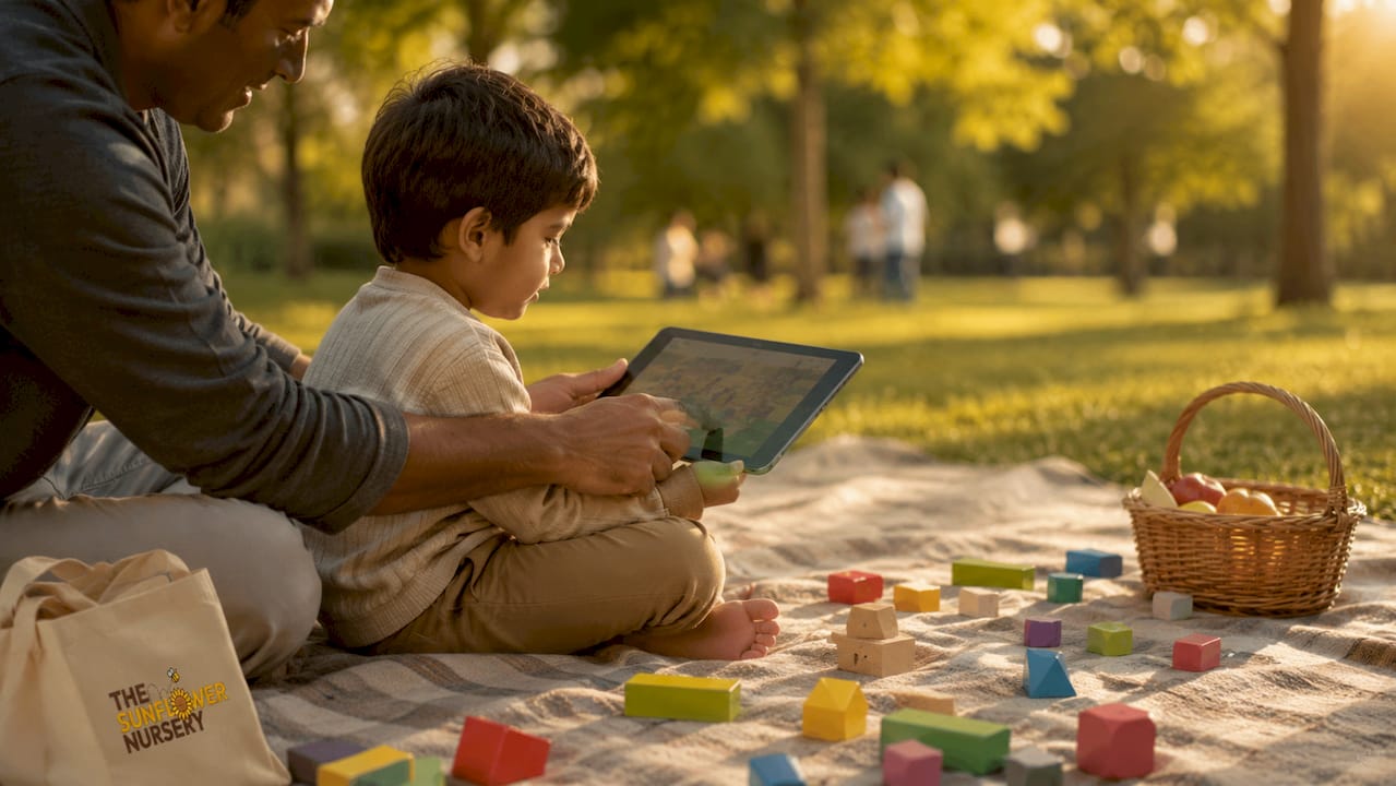 Hands guiding child using Topmarks game on tablet