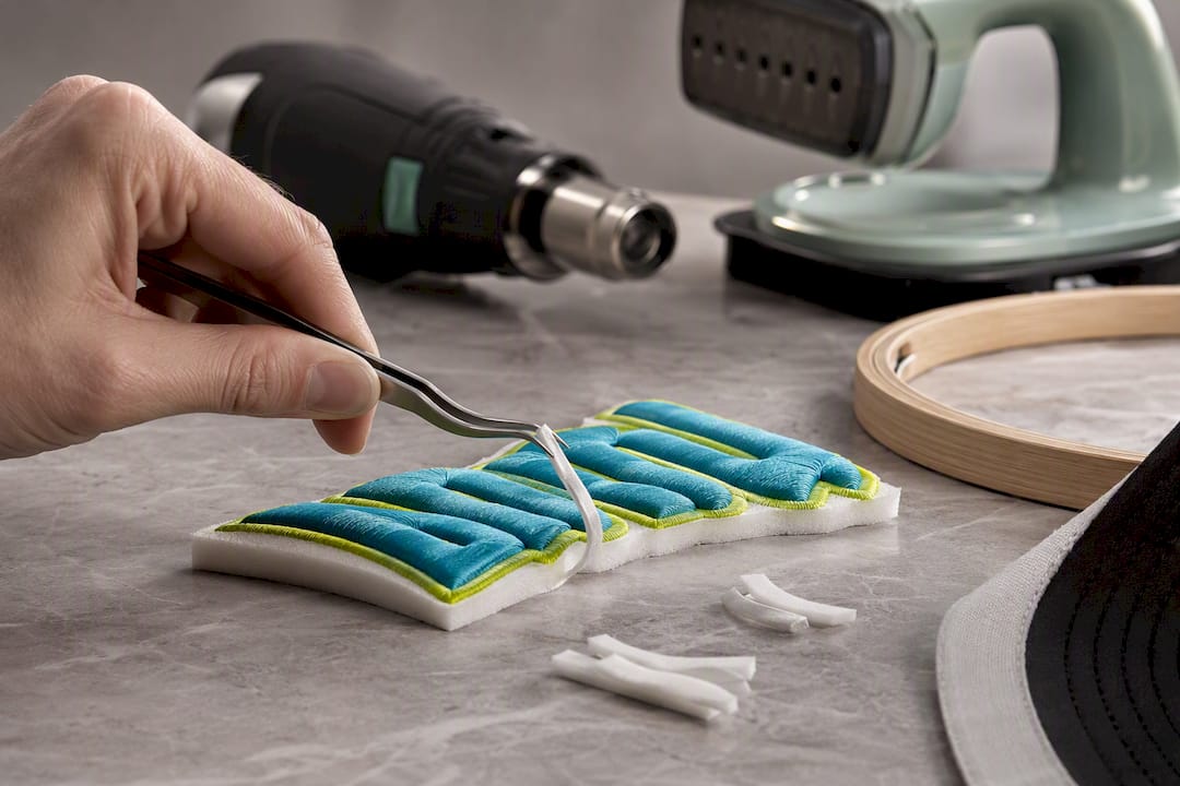 Tweezers and heat gun finishing puff embroidery