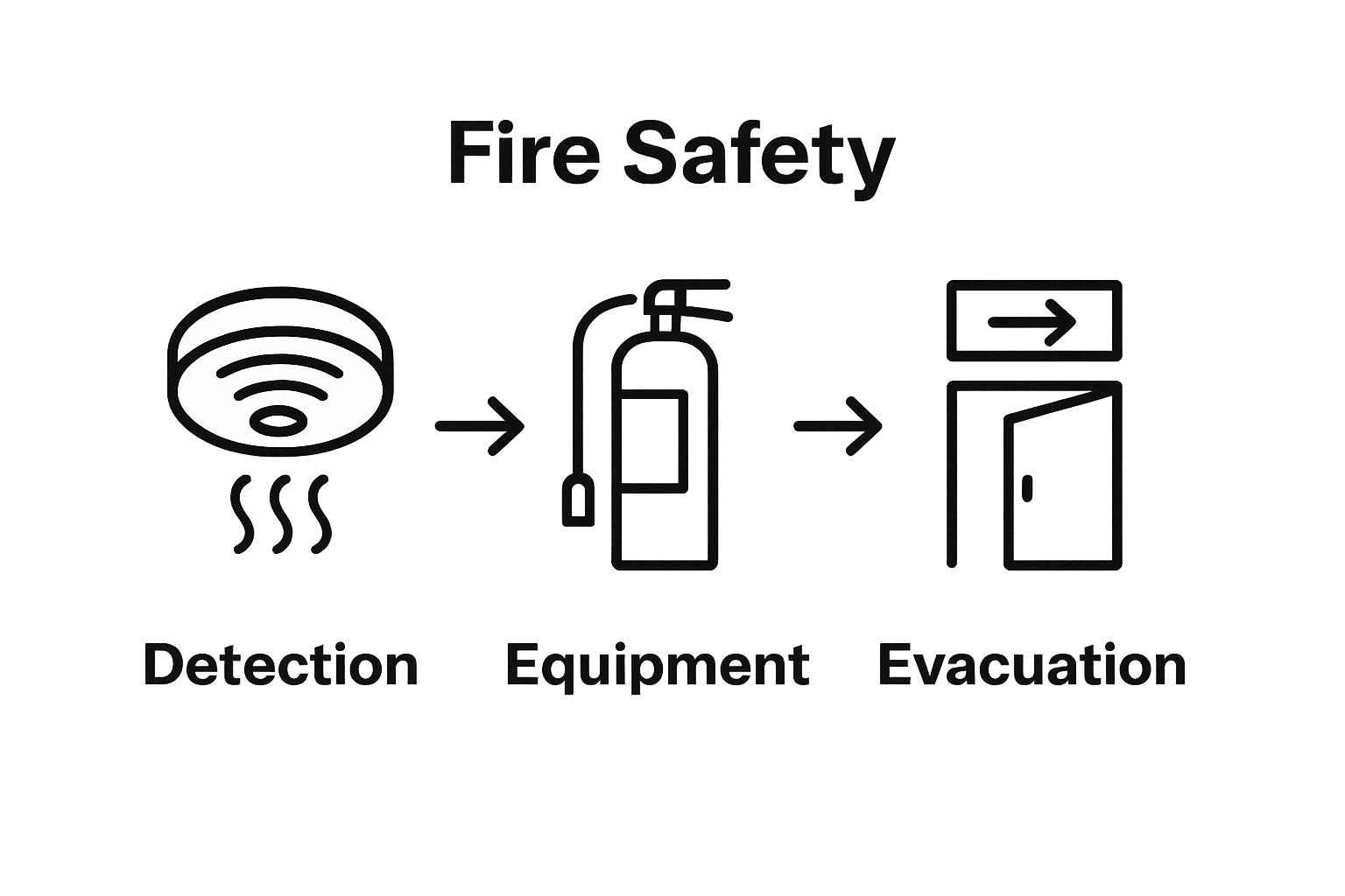 Three icon infographic showing smoke alarm, extinguisher, and evacuation door