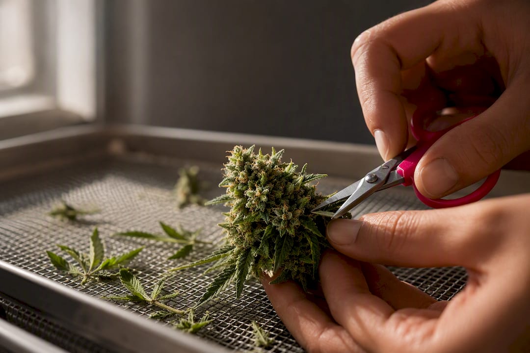 Hands performing a mild wet trim on hemp flower