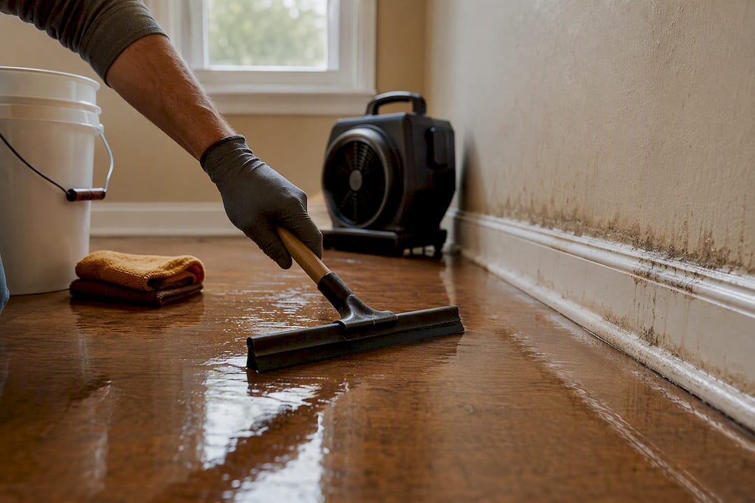 Drying water beside a damp baseboard
